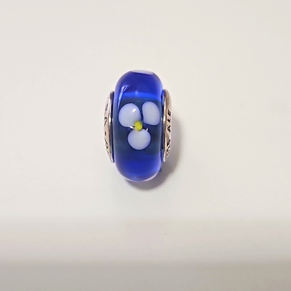 Pandora White Flower in Blue Murano Glass Charm